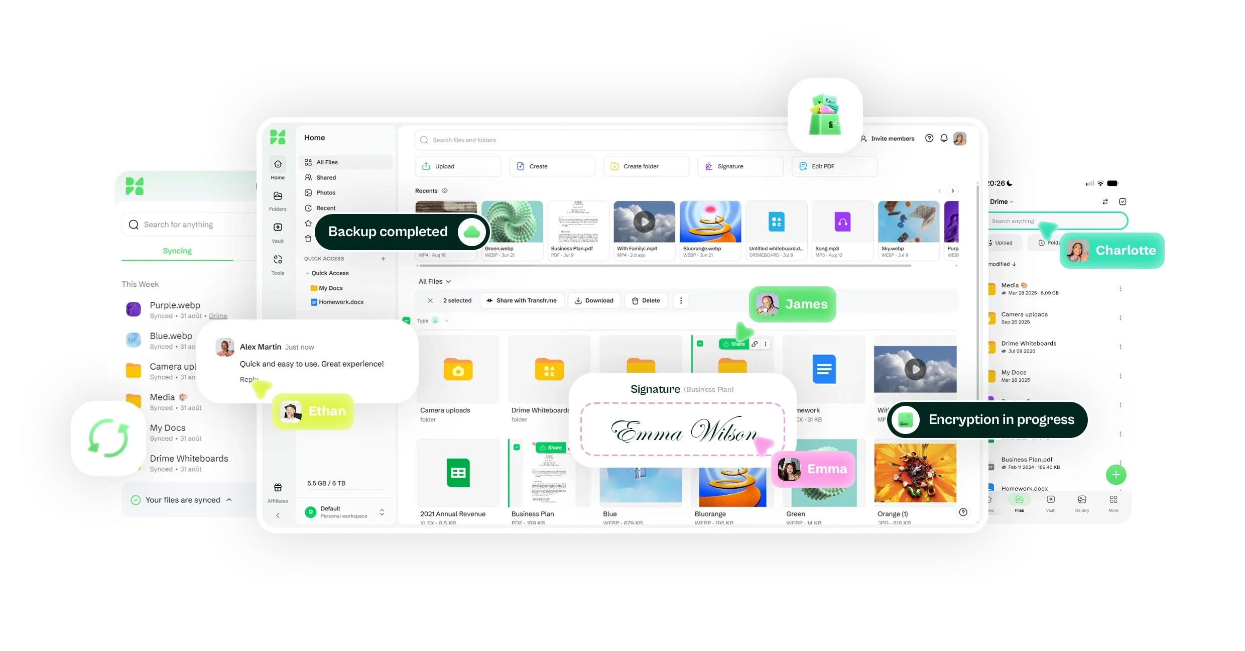 Drime on web, desktop and mobile: file home page, synced files, a signature, and backup and encryption status badges