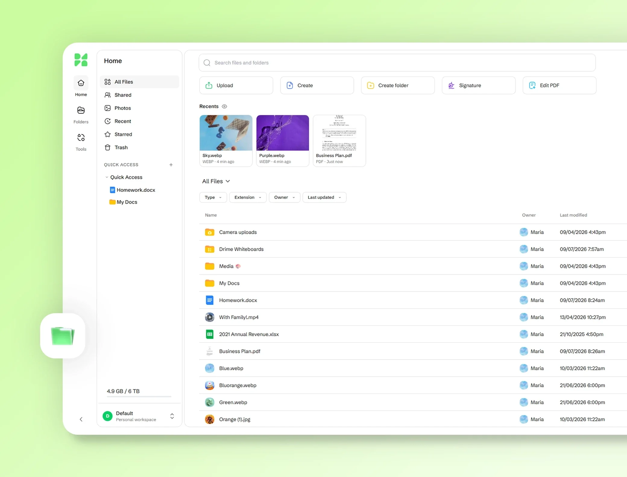 Drime web app home: shortcut buttons, recent files and the All Files list of folders and documents